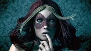 girl in flower mask with put finger on her lips, rendering wallpaper 16k