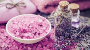 Beauty and fashion concept with spa set salt lavender and lavender flower. Dayspa nature products